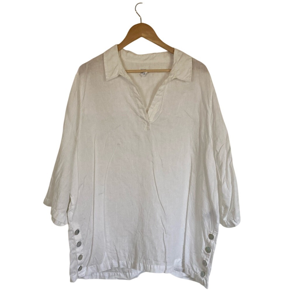 Sigrid‎ Olsen Womens White Button-Detail Women's Top Size 2X Linen 3/4 Sleeve